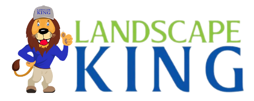 A logo for landscape king with a cartoon lion