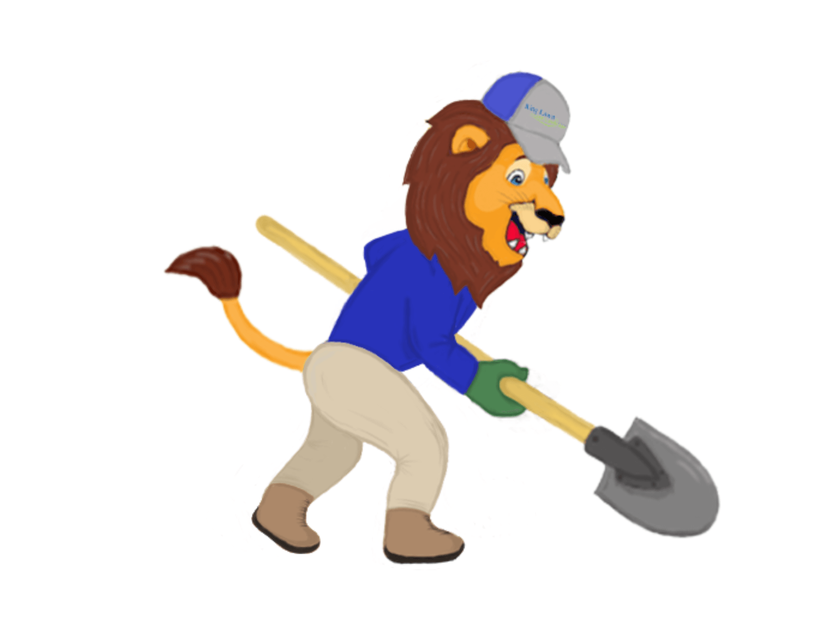 A cartoon lion is digging with a shovel