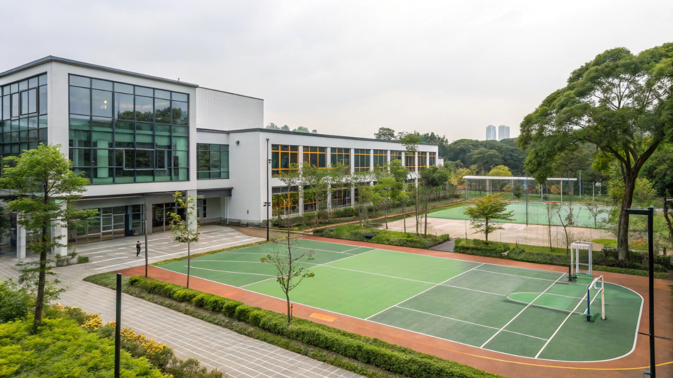 A large building with a tennis court in front of it.