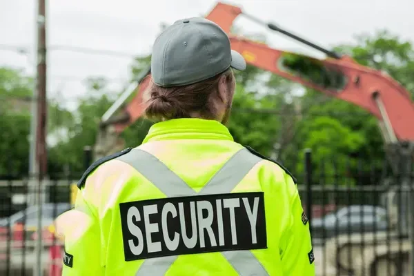 A security guard is standing in front of a large excavator.
