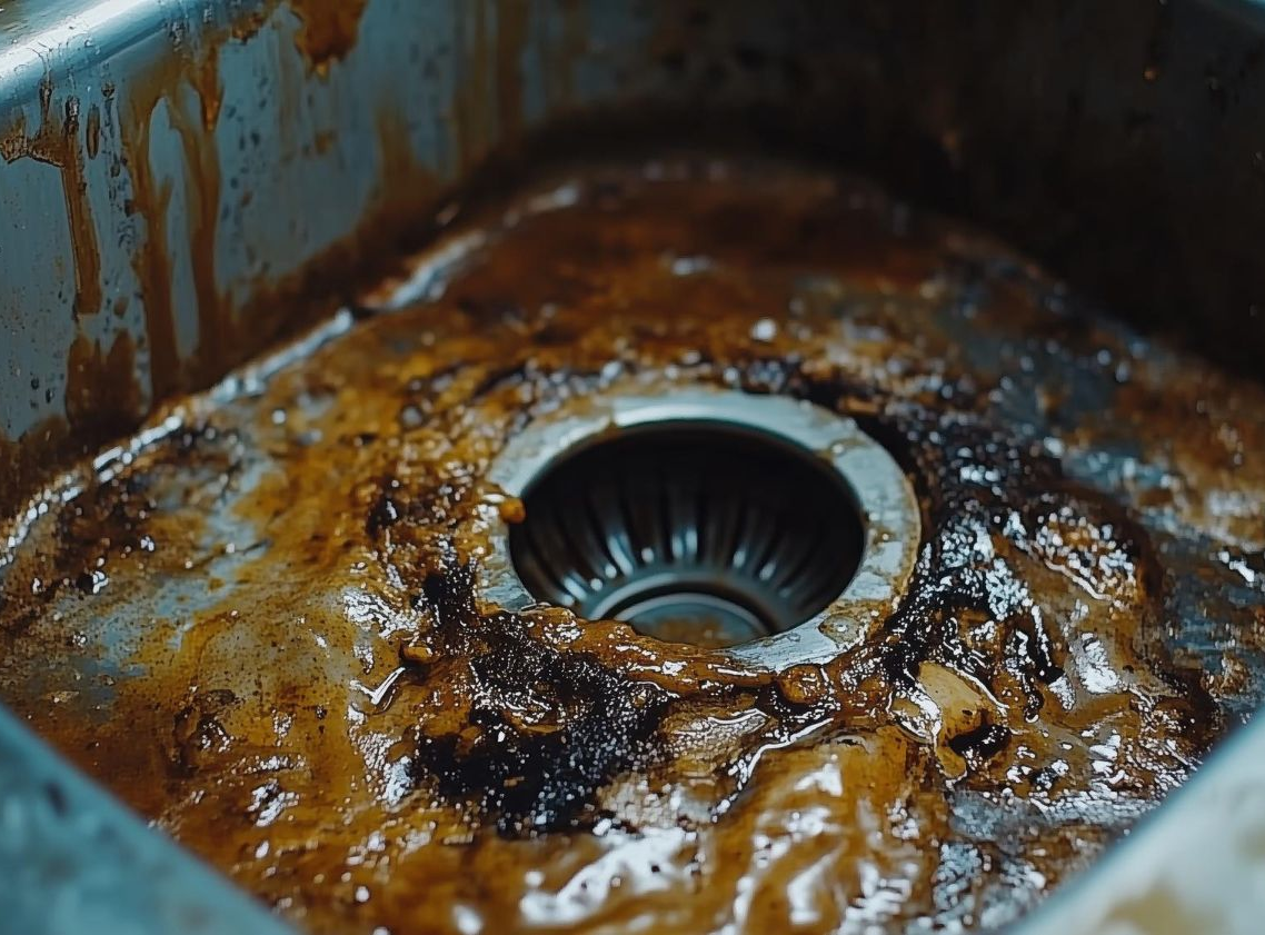 A dirty clogged, stained stainless steel sink with food residue around the drain.