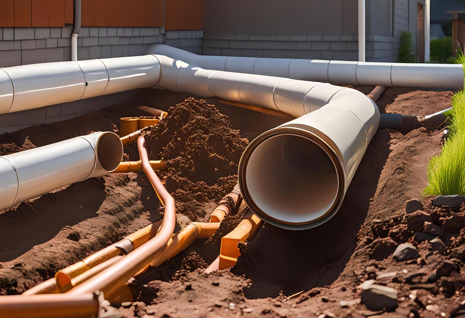Pipes in a trench, brown earth, white and orange pipe, construction site.