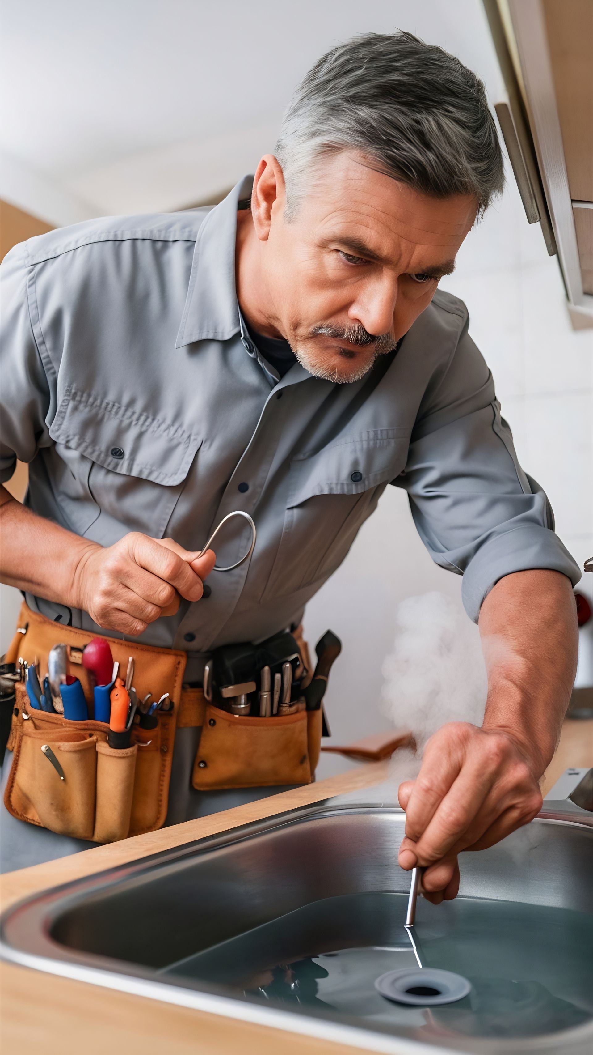 Plumber fixing sink, using tool. Kitchen setting.