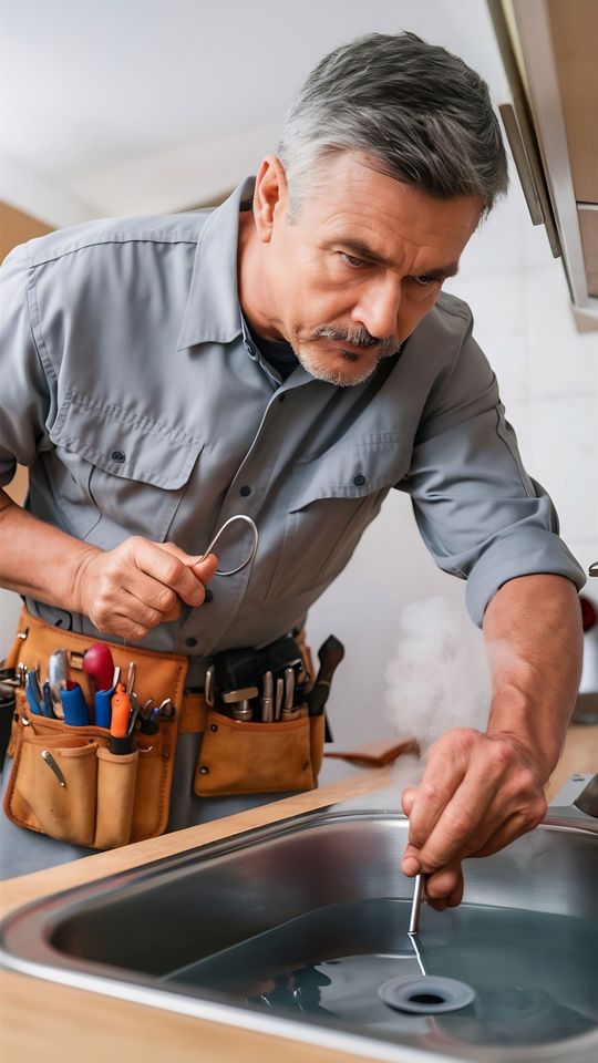 Plumber fixing sink, using tool. Kitchen setting.