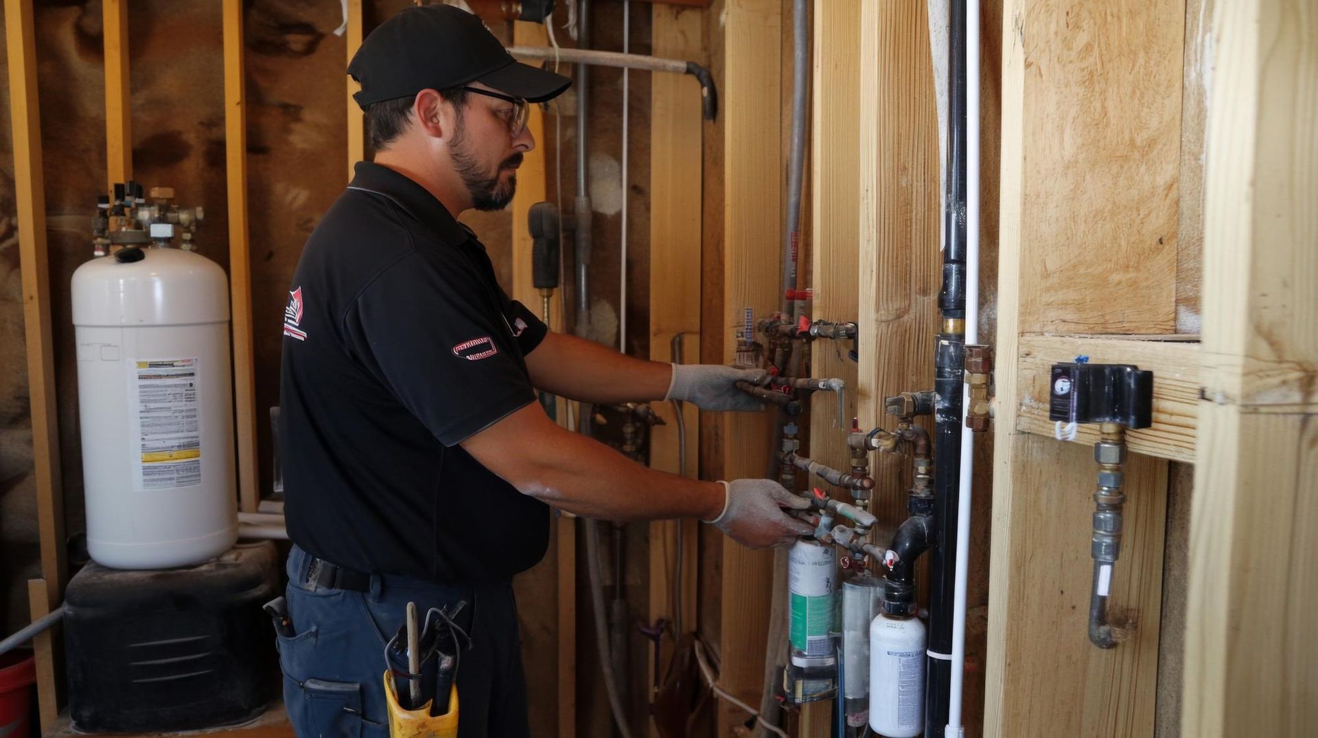 A plumber is roughing in plumbing for a new home