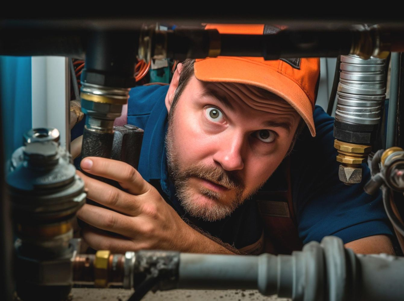 Plumber peering intently at pipes searching for a leak, wearing orange cap, blue shirt. Eyes wide, concerned expression.