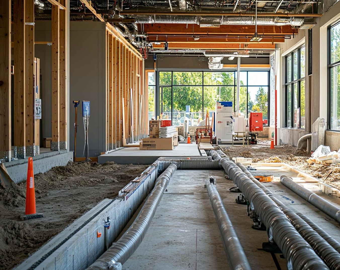 Interior construction site; exposed beams, ductwork, framed in plumbing, unfinished floors, and exterior view.