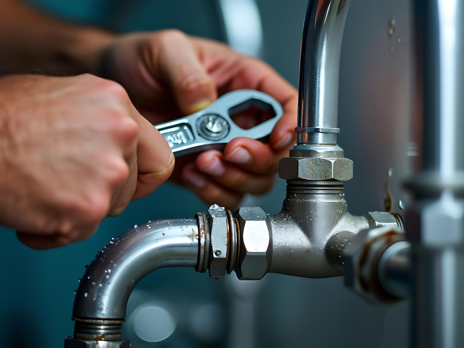 Hands using a wrench to tighten a fitting on metal pipes.