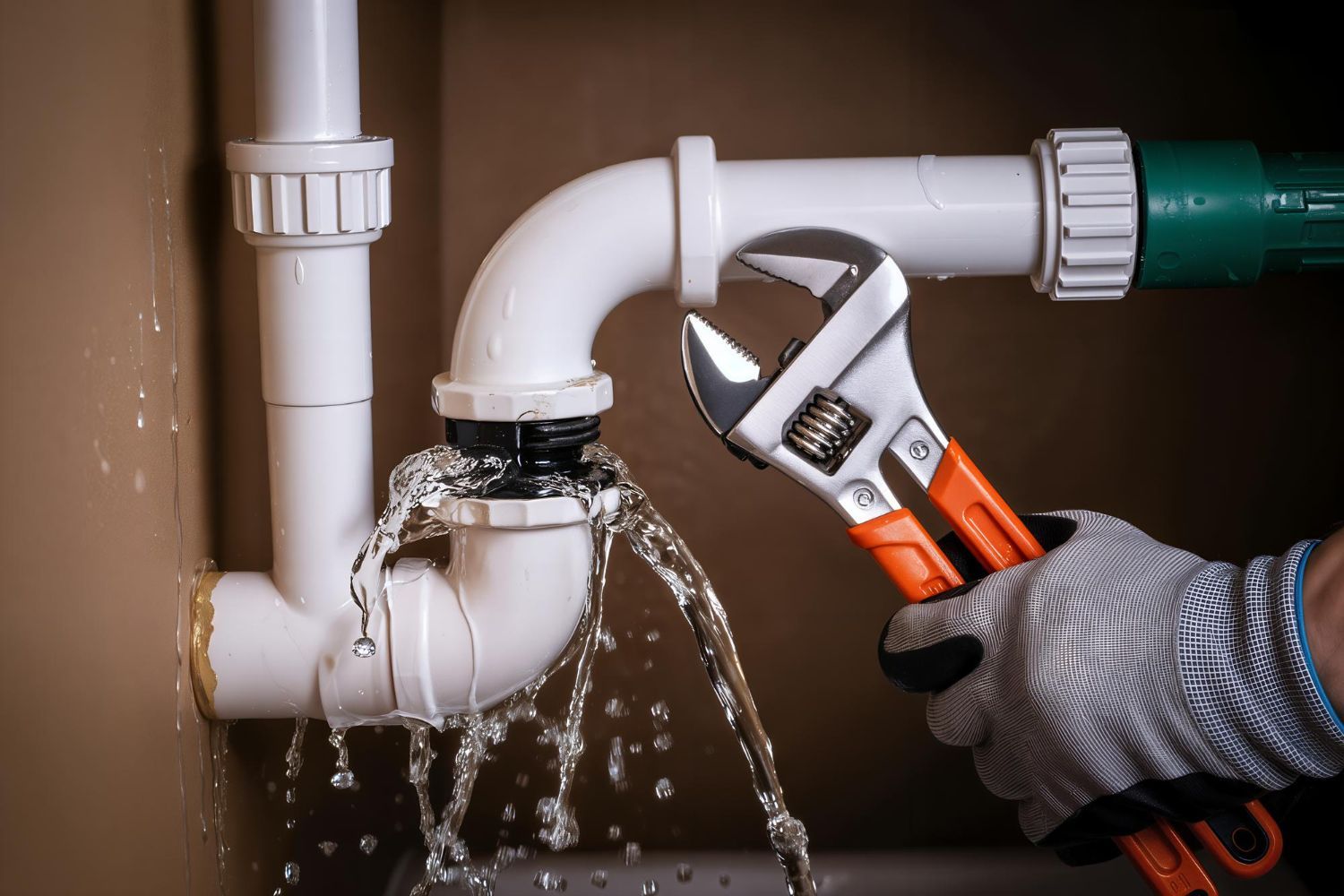 Leaky plumbing pipe being repaired with an adjustable wrench; water spraying out.