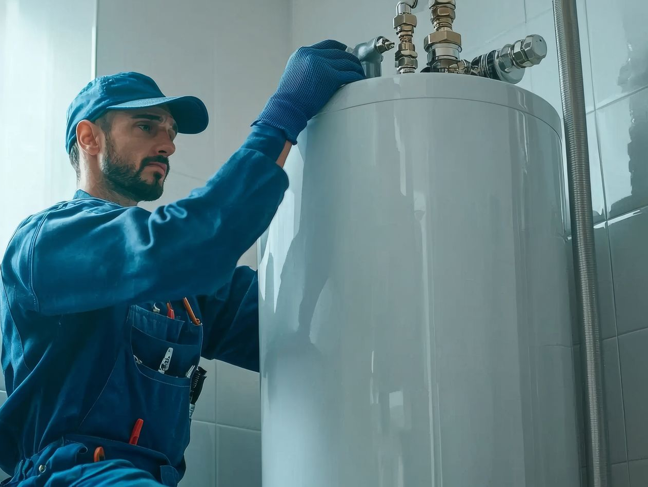Plumber in blue overalls and cap working on a white water heater in a utility room.