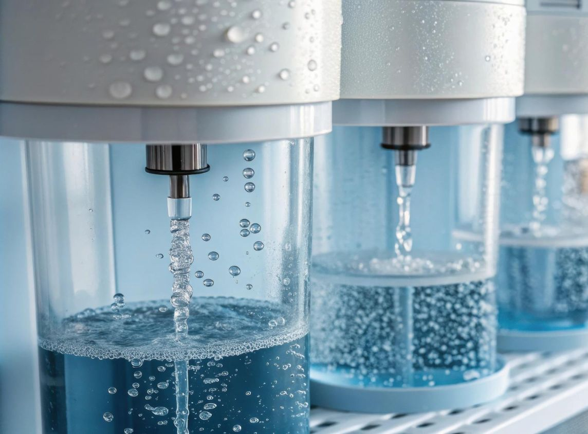 Three clear cylinders with purified, water pouring from overhead spouts.