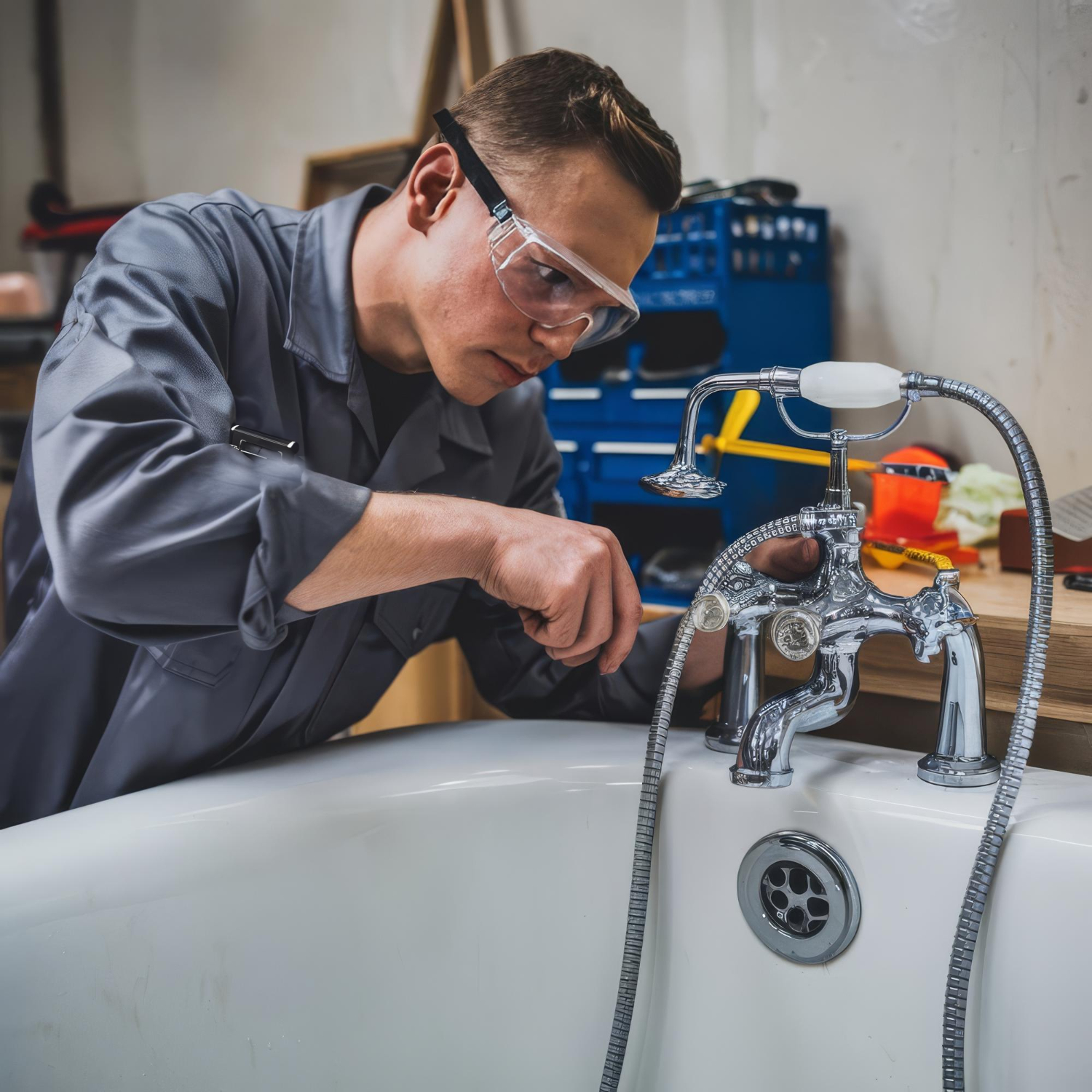 Man in safety glasses working on a bathtub faucet.