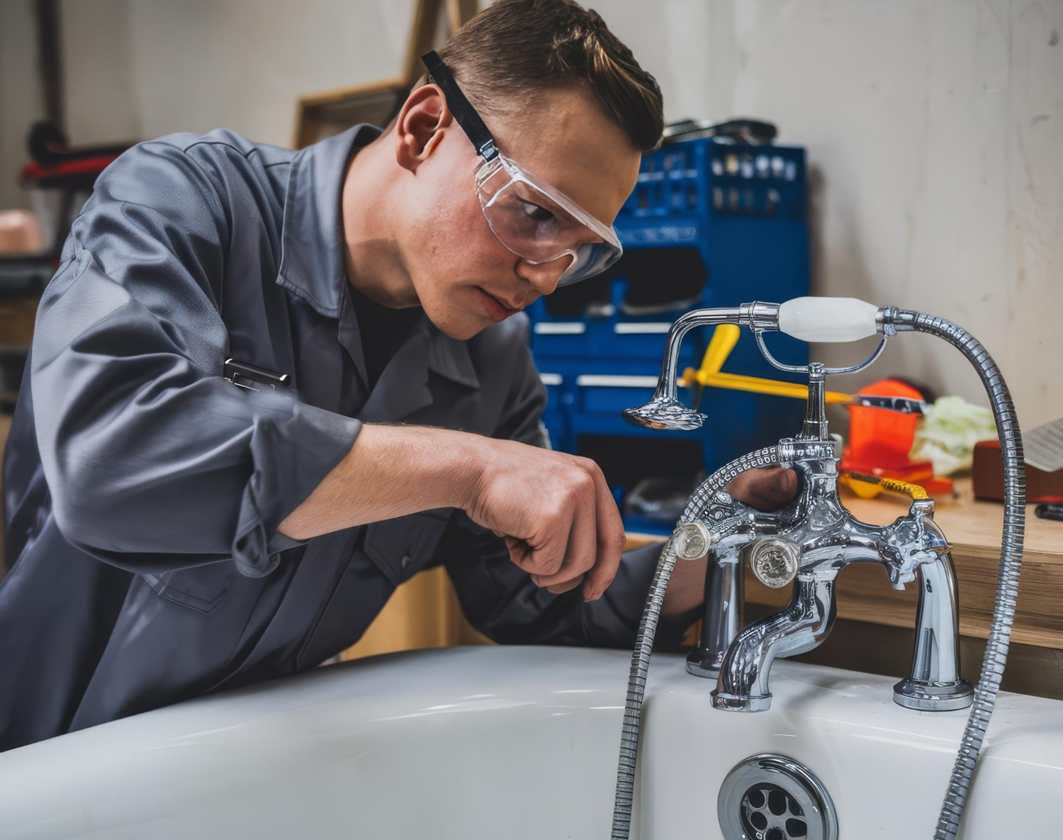 Plumber in gray overalls and safety glasses repairing a bathtub faucet in a workshop.