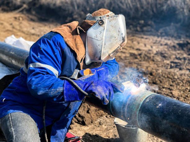 A commercial welder is welding a gas oil gasoline pipe.