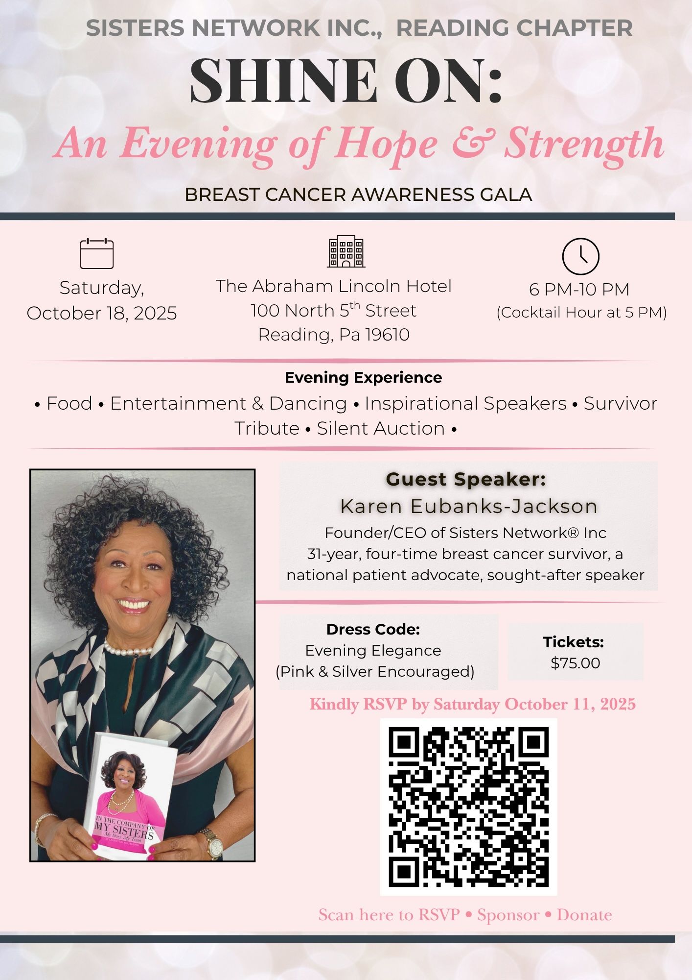 Poster for a breast cancer awareness gala, featuring a speaker, details of the event, and RSVP information.