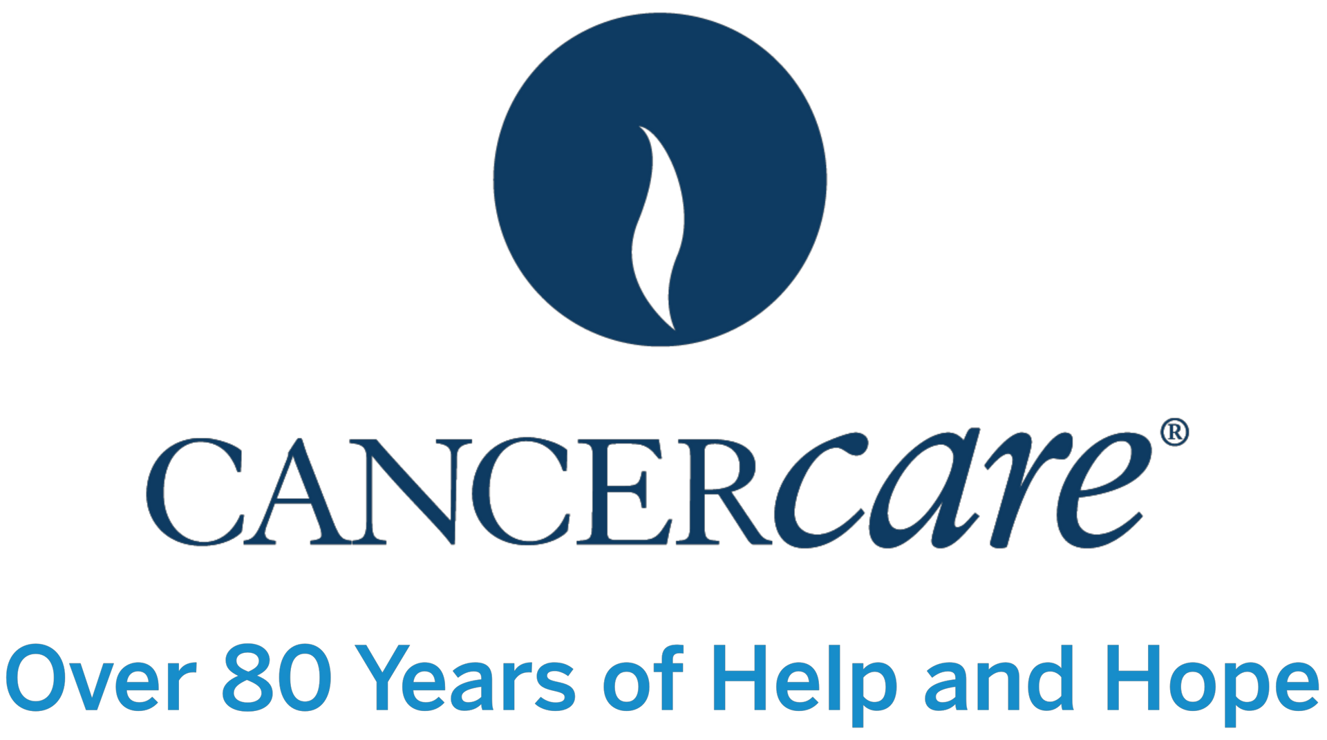 CancerCare logo: Blue circle with flame, navy blue text, 