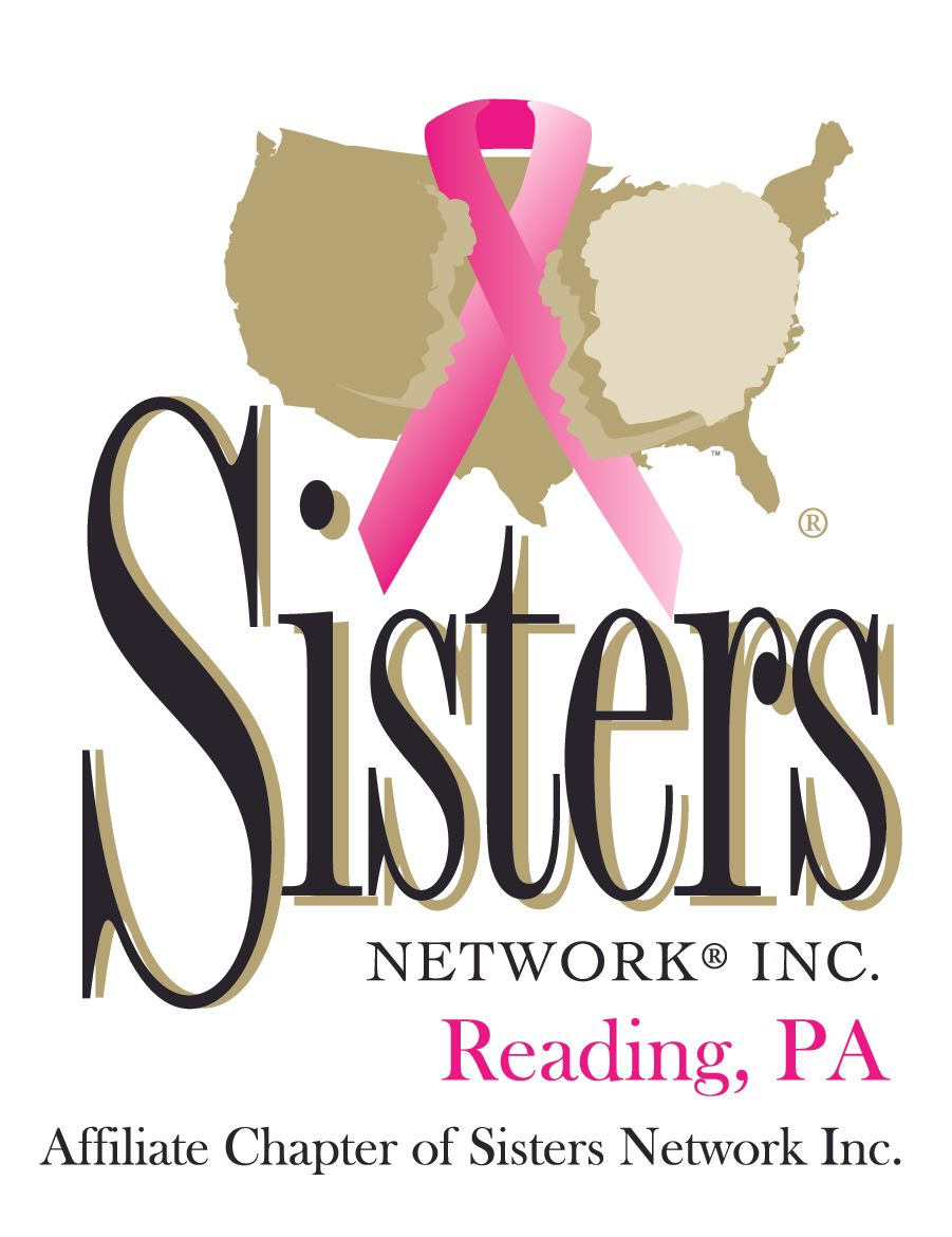 Logo for Sisters Network Inc. Reading, PA, featuring a pink ribbon, US map outline, and stylized text.
