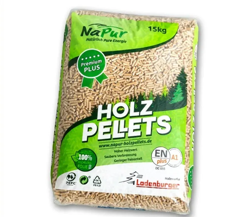 Sacco di pellet NaPur Holz, 15 kg. Confezione verde e bianca con testo e pellet di legno visibili.