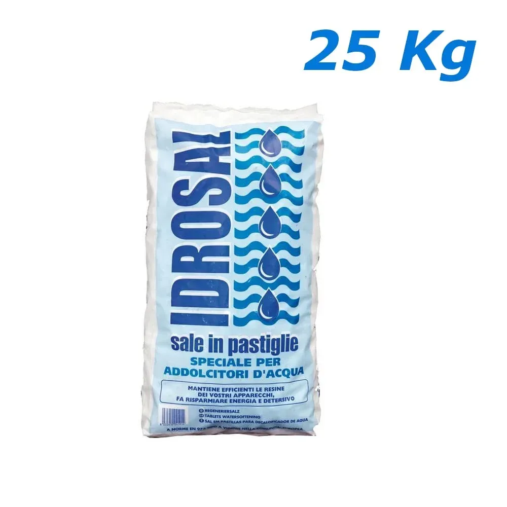 Sacco di sale per addolcitore d'acqua Idrosal, 25 kg. Sacco bianco con testo blu e grafica a forma di goccia d'acqua.