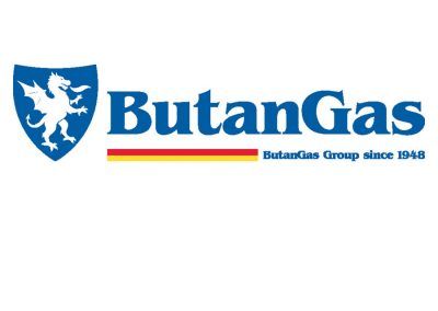 Logo di ButanGas: uno scudo blu con un drago bianco e il nome dell'azienda in testo blu.