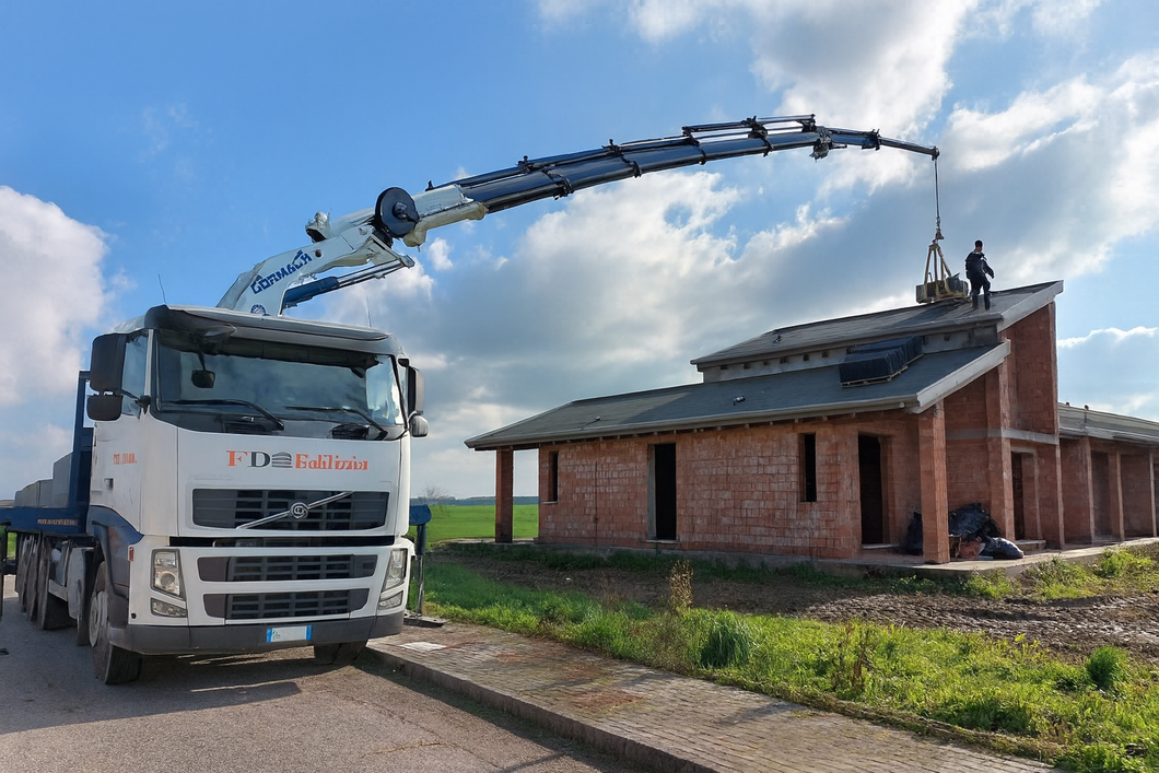Un'autogru sta sollevando materiali sul tetto di una casa in mattoni in costruzione.