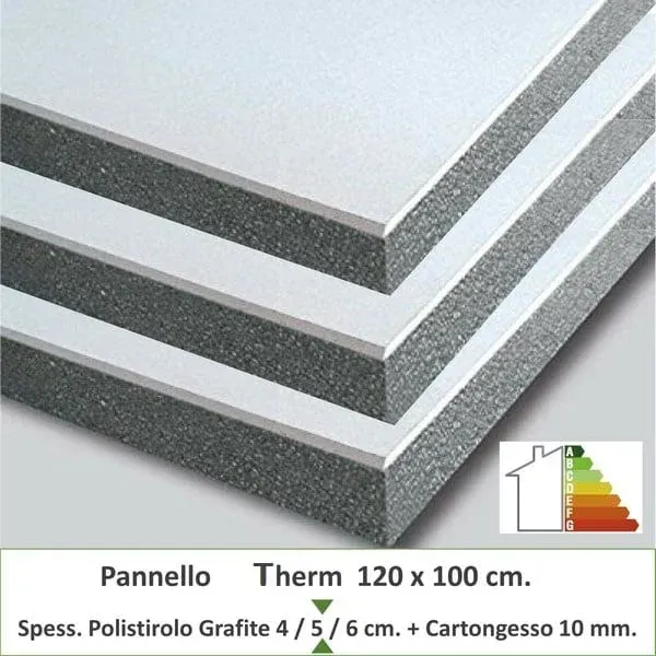 Pila di pannelli isolanti: strati bianchi, grigi e beige. Il testo in basso indica dimensioni e materiali.