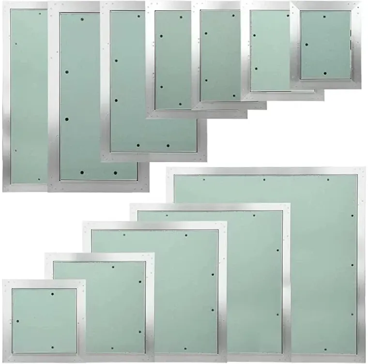 Collezione di sportelli di accesso rettangolari, di varie dimensioni, con cornici argentate e centro verde.
