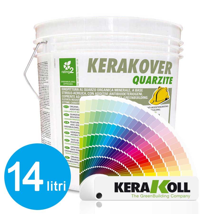 Secchio di vernice Kerakover Quarizte con cartella colori, etichettato come 14 litri.