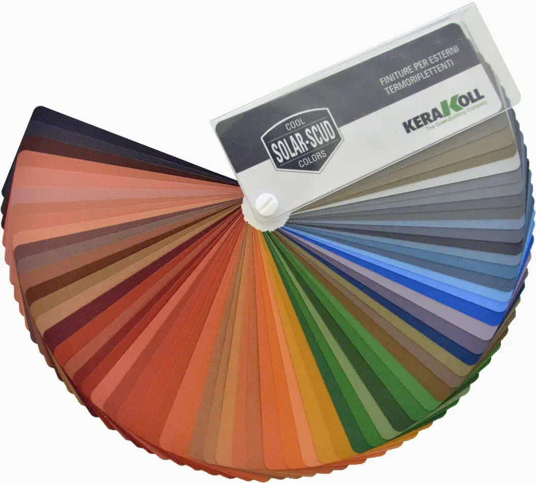 Ventaglio di colori con varie tonalità di arancione, verde, blu, marrone e grigio.