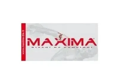 Logo Maxima: testo rosso su sfondo bianco con immagine di uno sciatore e URL del sito web.