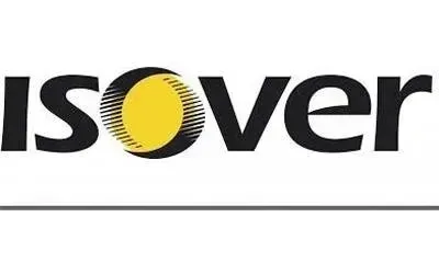 Logo Isover: testo nero con disegno circolare giallo e nero, linea grigia orizzontale.