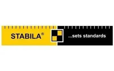 Logo di STABILA, diviso in giallo e nero, con un righello. Il testo recita