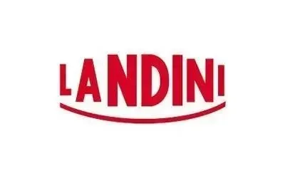Logo Landini: testo rosso su bianco, linea rossa curva sotto la parola