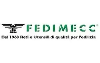 Logo of FEDIMECC, featuring a stylized bird and green text. Text reads "Dal 1960 Reti e Utensili di qualità per l'edilizia."
