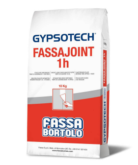 Sacco di stucco secco Gypsotech FassaJoint 1h, etichetta rossa e bianca, da 10 kg, con schema di applicazione.
