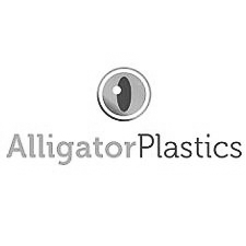 Het logo voor Alligator Plastics is een zwart-witafbeelding van een alligator.