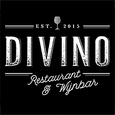 Het logo van restaurant en wijnbar divino staat op een zwarte achtergrond.