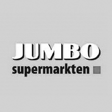 Het logo van jumbo supermarkten is zwart-wit op een grijze achtergrond.