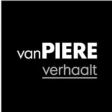 The van piere verhaalt logo is white on a black background.
