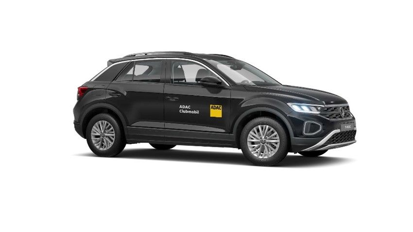 Schwarzer Volkswagen T-Roc SUV mit „Taxi“-Aufschrift an der Seite, geparkt auf weißem Hintergrund.