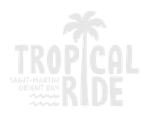 A tropical ride logo with a palm tree on a white background.