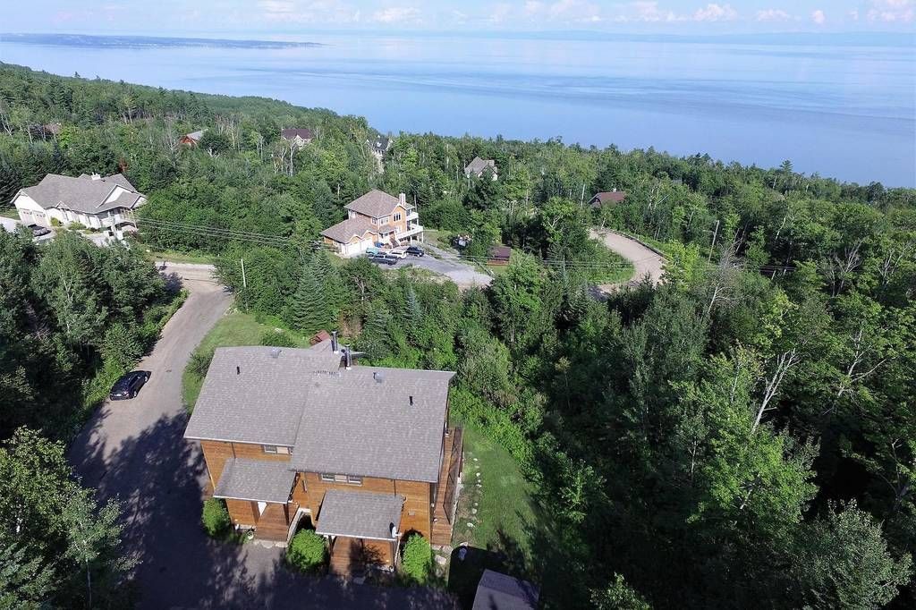 Vue aérienne de maisons nichées au milieu d'une végétation luxuriante, près d'un plan d'eau.