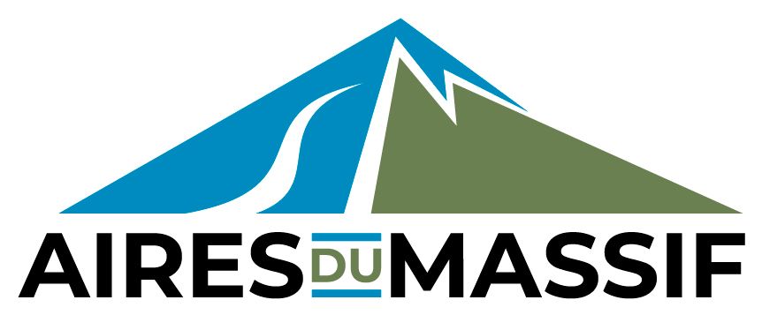 Logo : montagne bleue et verte avec les mots « AIRES DU MASSIF » en dessous.