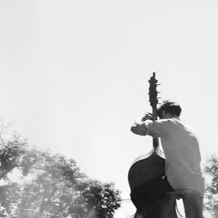 Man playing upright bass outdoors under a bright sky.