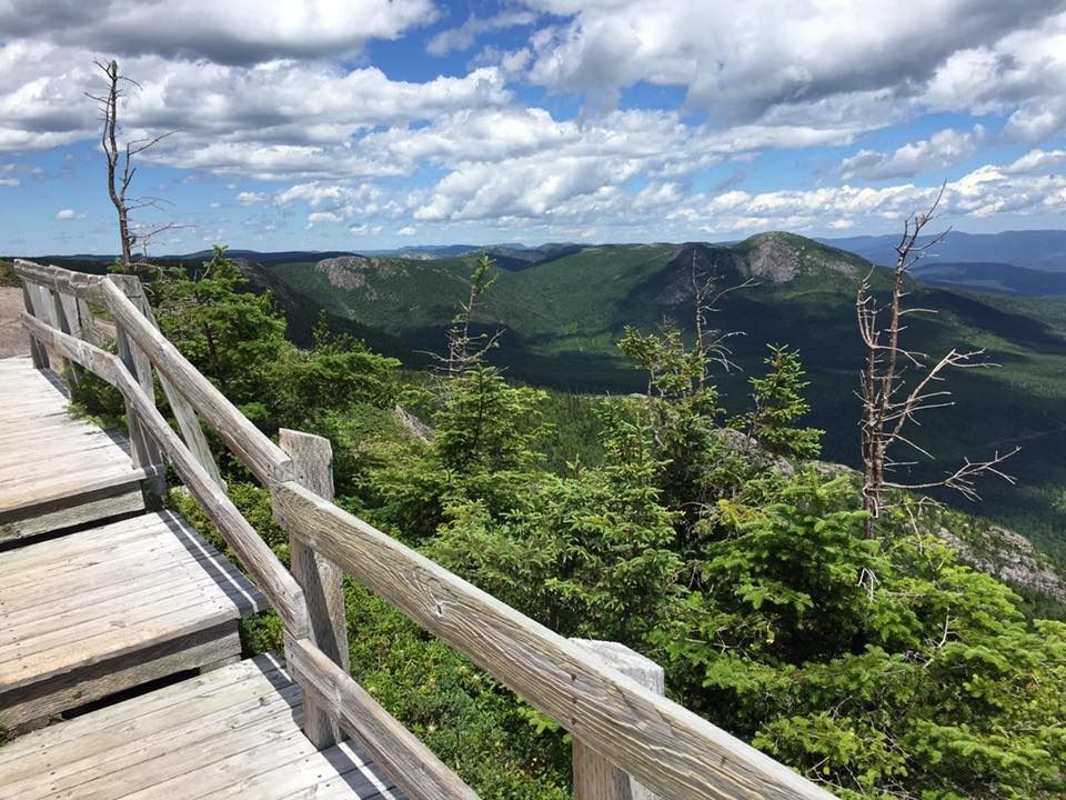 Passerelle en bois surplombant une chaîne de montagnes verdoyantes sous un ciel bleu parsemé de nuages cotonneux.