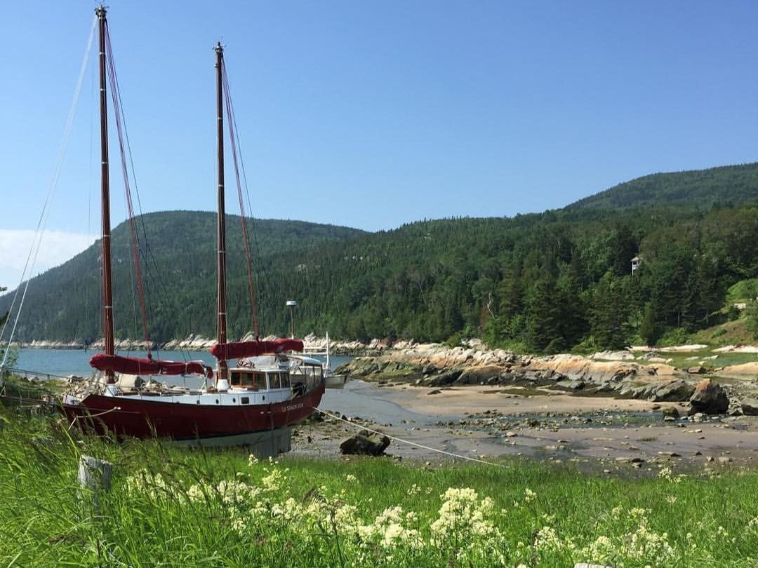 Voilier rouge échoué près d'un rivage rocheux, herbe verte, montagnes et ciel bleu.