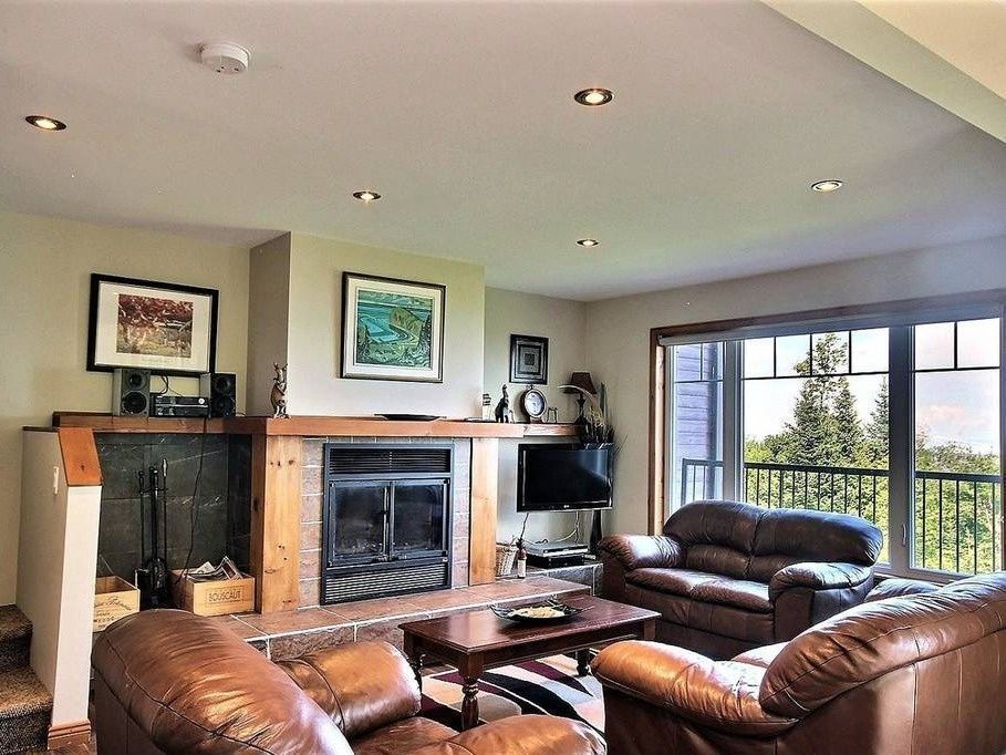 Salon avec cheminée, canapés en cuir marron et une grande fenêtre donnant sur une forêt.