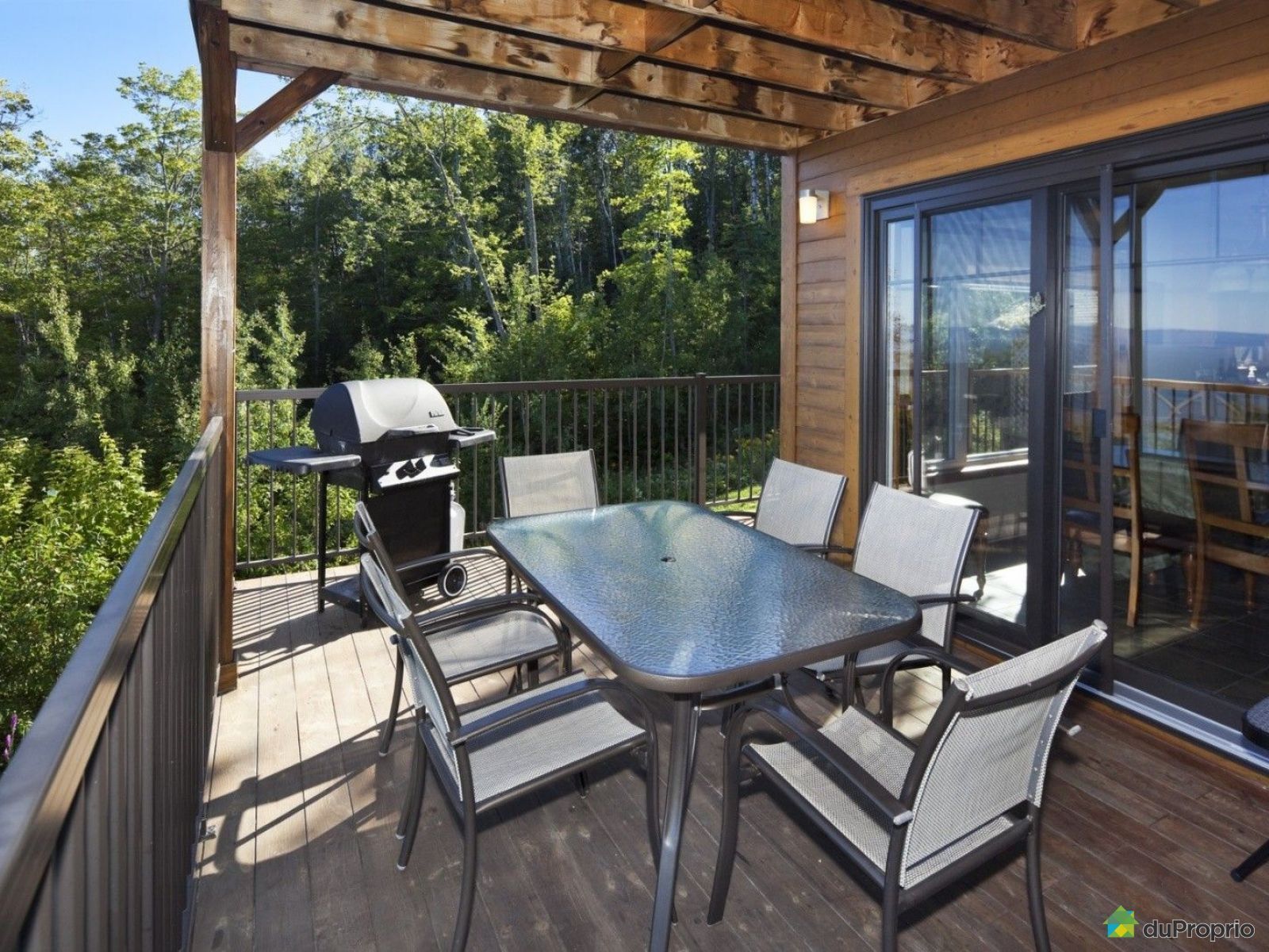 Terrasse avec table et chaises, barbecue et porte vitrée donnant sur les arbres.