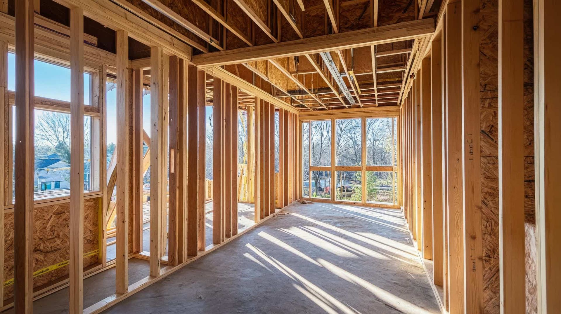A room in a house under construction with wooden beams and windows.