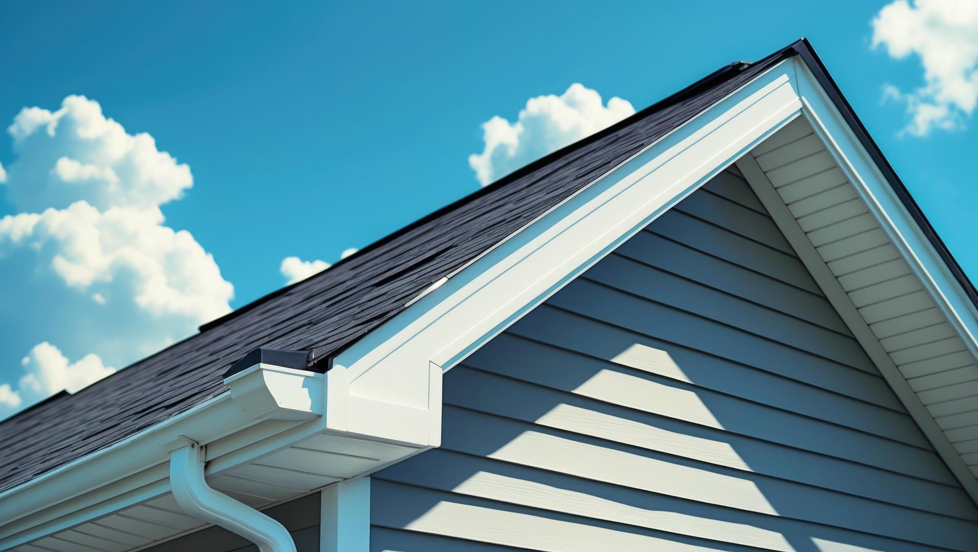 The roof of a house with a blue sky in the background.